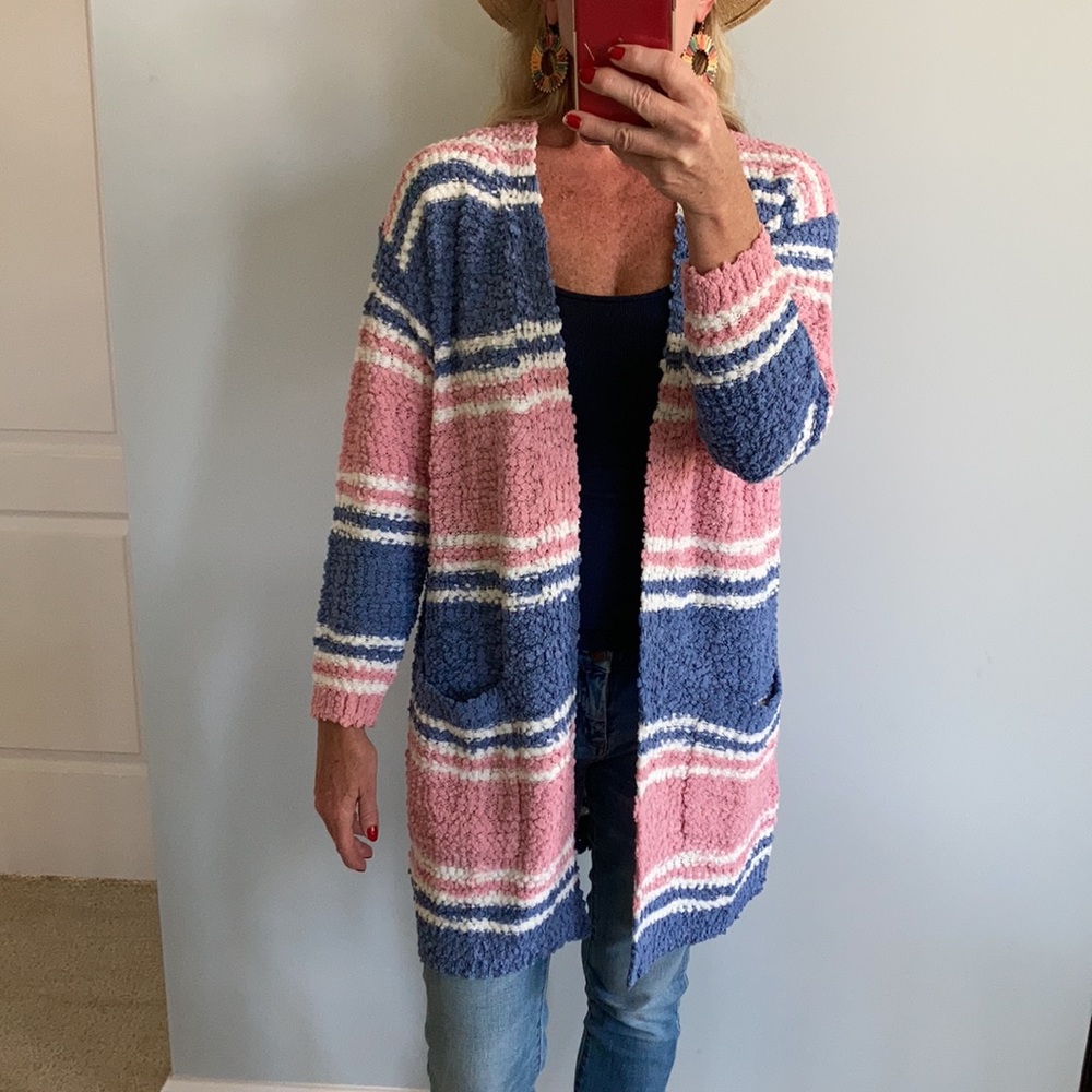 Pink, Blue & Off White Stripe Popcorn Texture Open Cardigan - Picture 3 of 10
